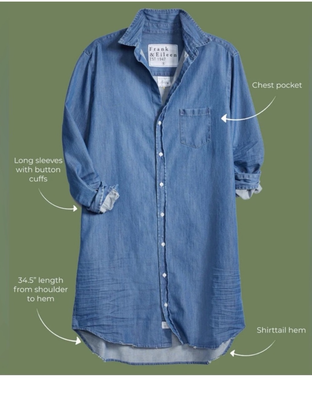 FRANK & EILEEN Women's MARY Denim Shirtdress in a Vintage Wash (S) - Picture 7 of 8